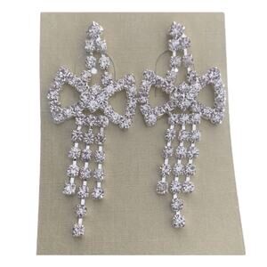 Diamond CZ Bow Bling Drop Dangle Silver Earrings